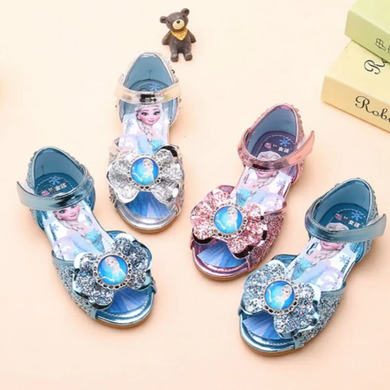 

Girl Princess Cartoon Frozen Elsa Sandal Summer Leather Glitter Crystal Rhinestones Bow Kid Sandals Party Shoes Children Slipper