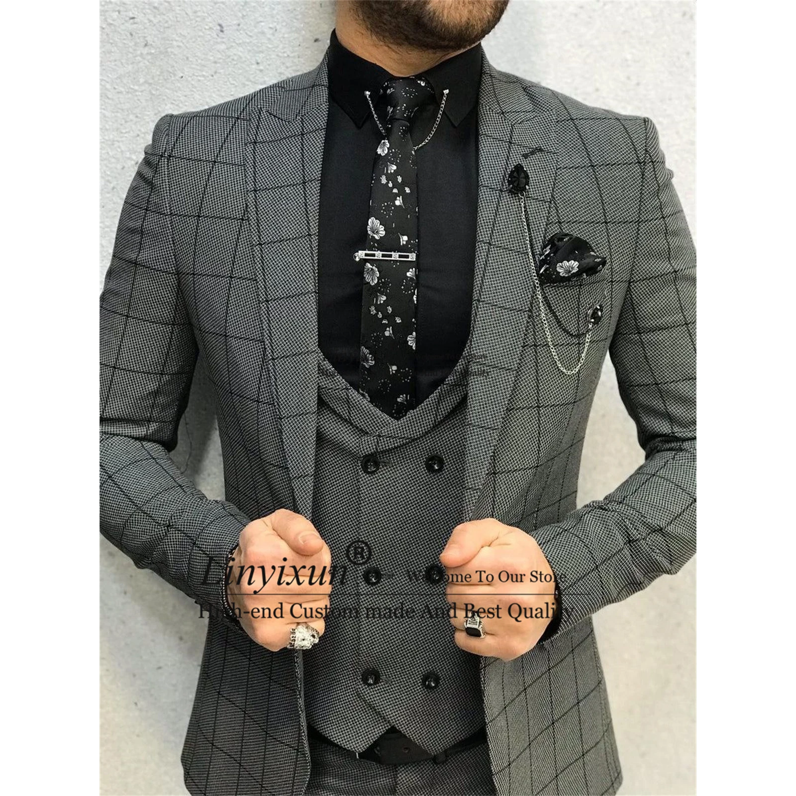 

Grey Plaid Slim Fit Men Suit Peaked Lapel Groom Wedding Tuxedo 3 Pieces Sets Business Male Blazers Terno Masculinos Completo