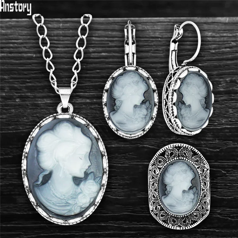 6 Colors Vintage Oval Lady Queen Cameo Sets For Women Antqiue Silver Plated Cameo Necklace Earring Ring Jewelry Set