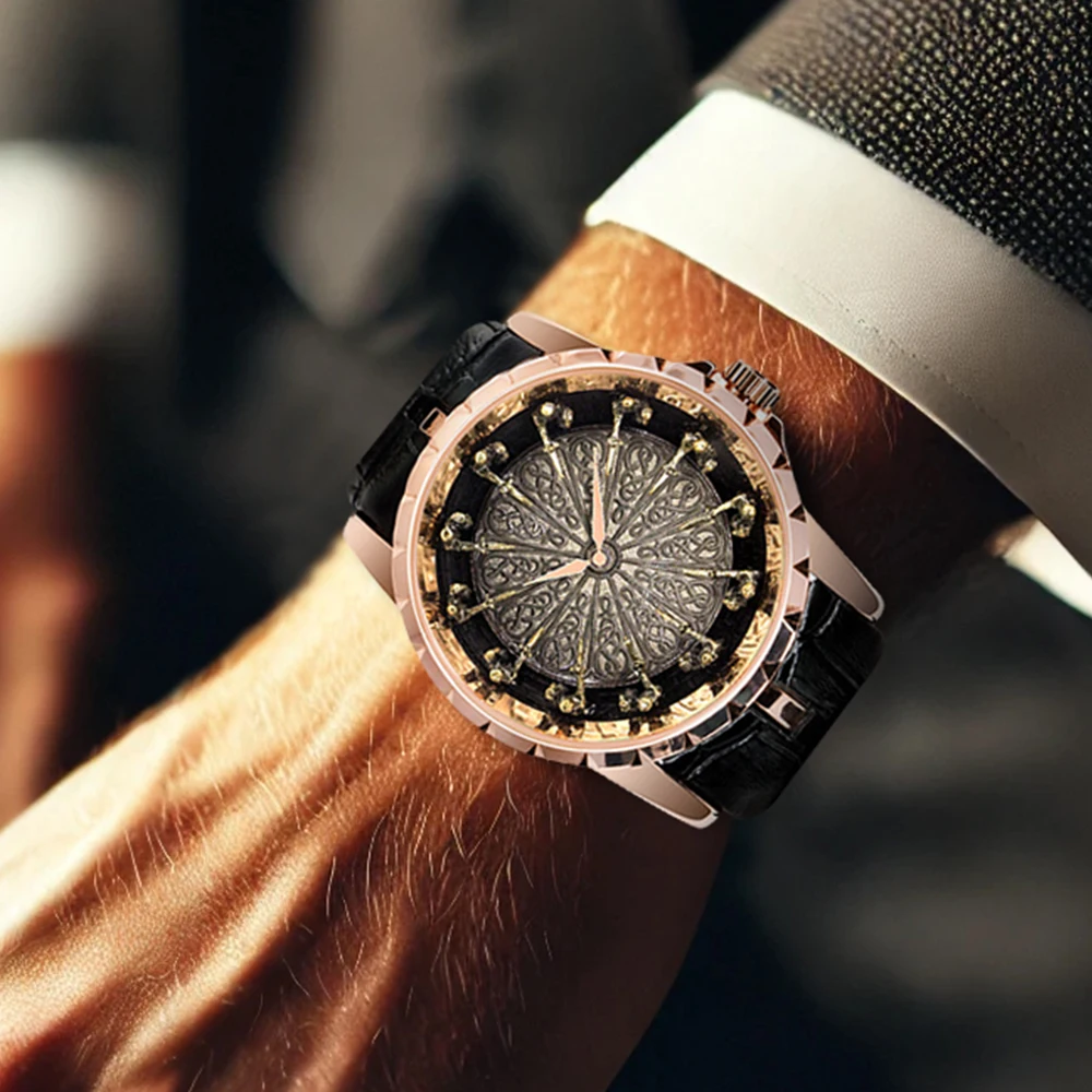 Rose gold black belt new men\'s watch, stylish design, novel texture, quartz watch