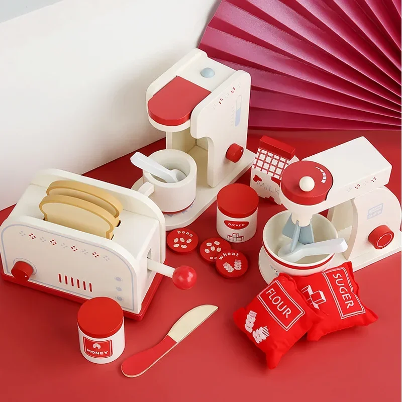 Wooden Kitchen Playset Kids Pretend Play Cooking Kitchen Toy Toaster Coffee Mixer Waffle Maker Montessori Learning Toys Gifts