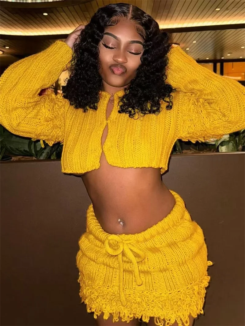 

Yellow Knit Short Mini Prom Dress Sexy Top Bra Cardigan Tassel Party Gown Autumn Casual Formal Wedding Birthday Evening Robe