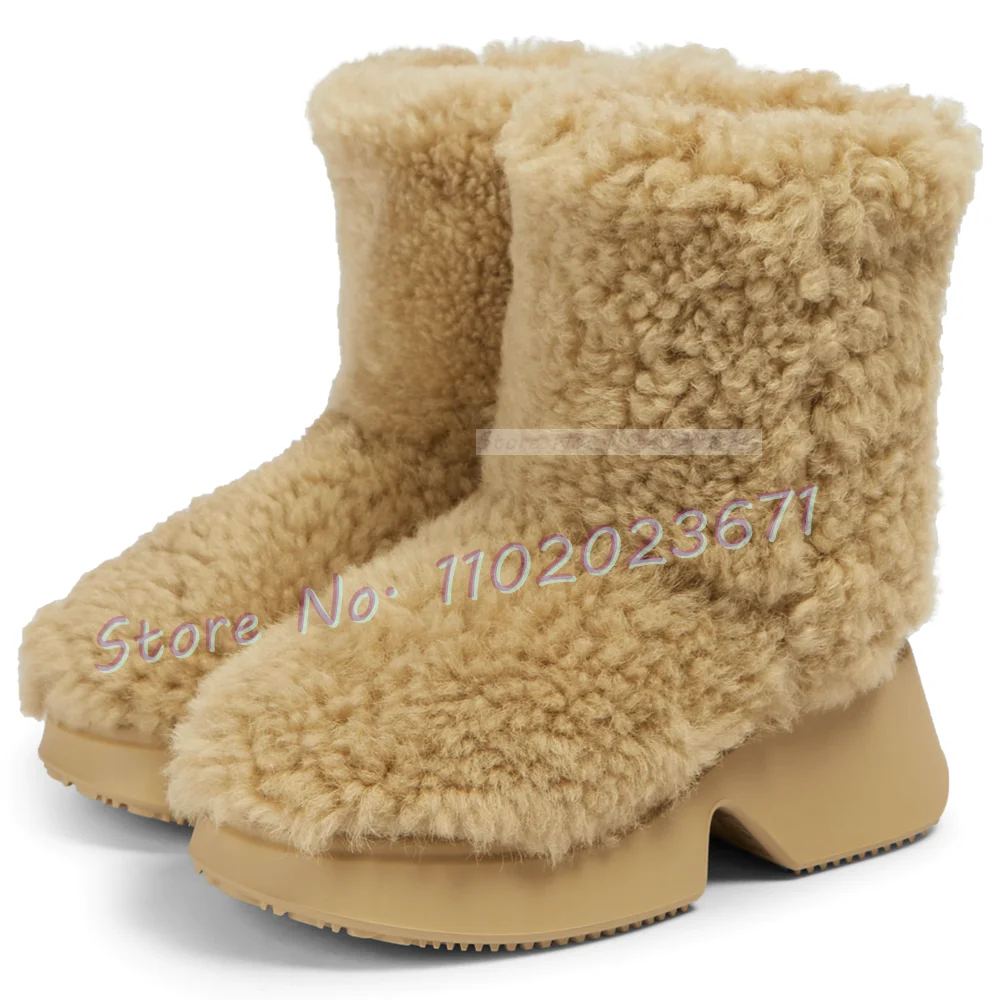 Beige Platform Wool Ankle Boots Women Trends Outfit Winter Warm Slouch Snow Shoes Female Haute Round Tip Luxury Pull On Boots