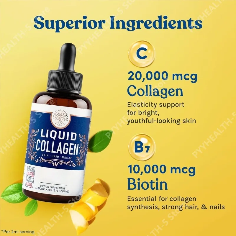 

Liquid Collagen for Women and Men with Biotin 30,000mcg Drops for Hair Skin Nail Lemon 2 Droppers (2 ML) 60 Ml