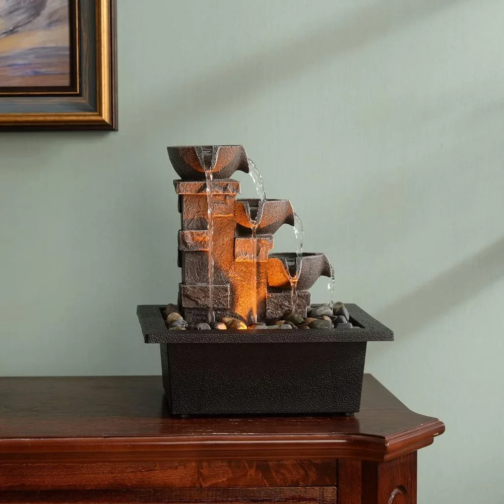 نافورة شلال زن من 3 طبقات مع أضواء LED - ديكور سطح المكتب من صخور النهر الطبيعي للتأمل والاسترخاء في المكتب #3