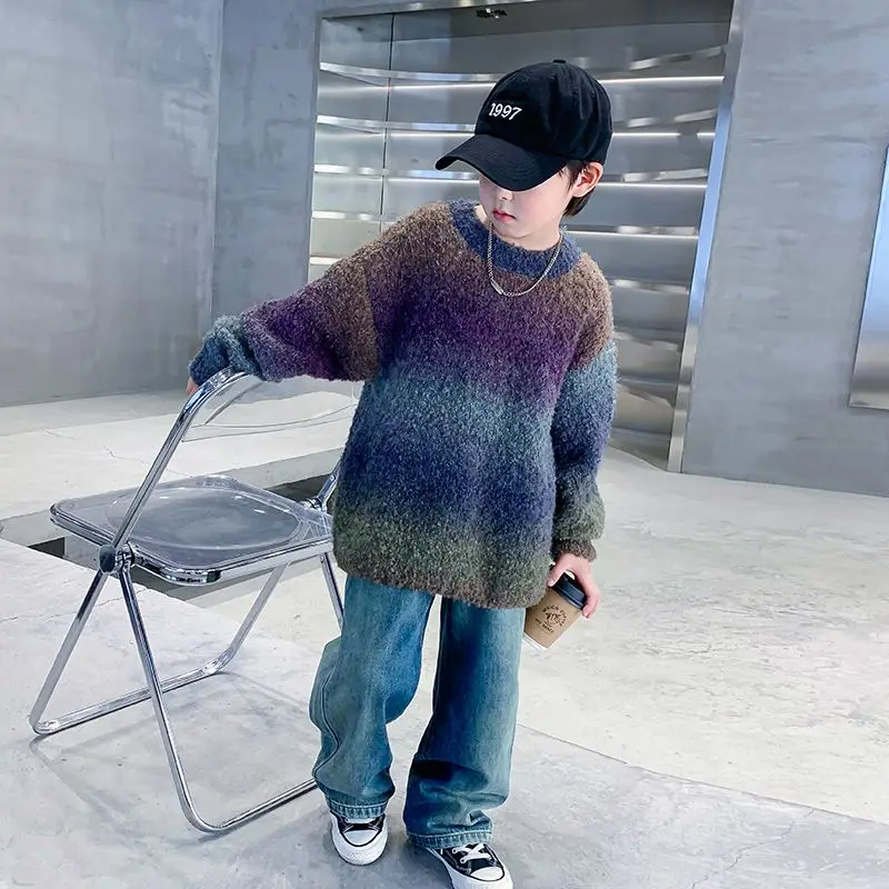 Boys Gradient Thickened Sweater 2026 Winter Mohair Knit Pullover Top for Kids Fashion Casual Outerwear Streetwear