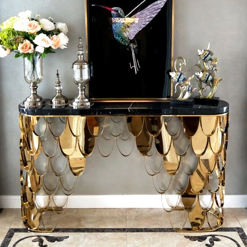 

Simple modern living room art end view table marble special-shaped wall entry light luxury stainless steel fish scale entrance