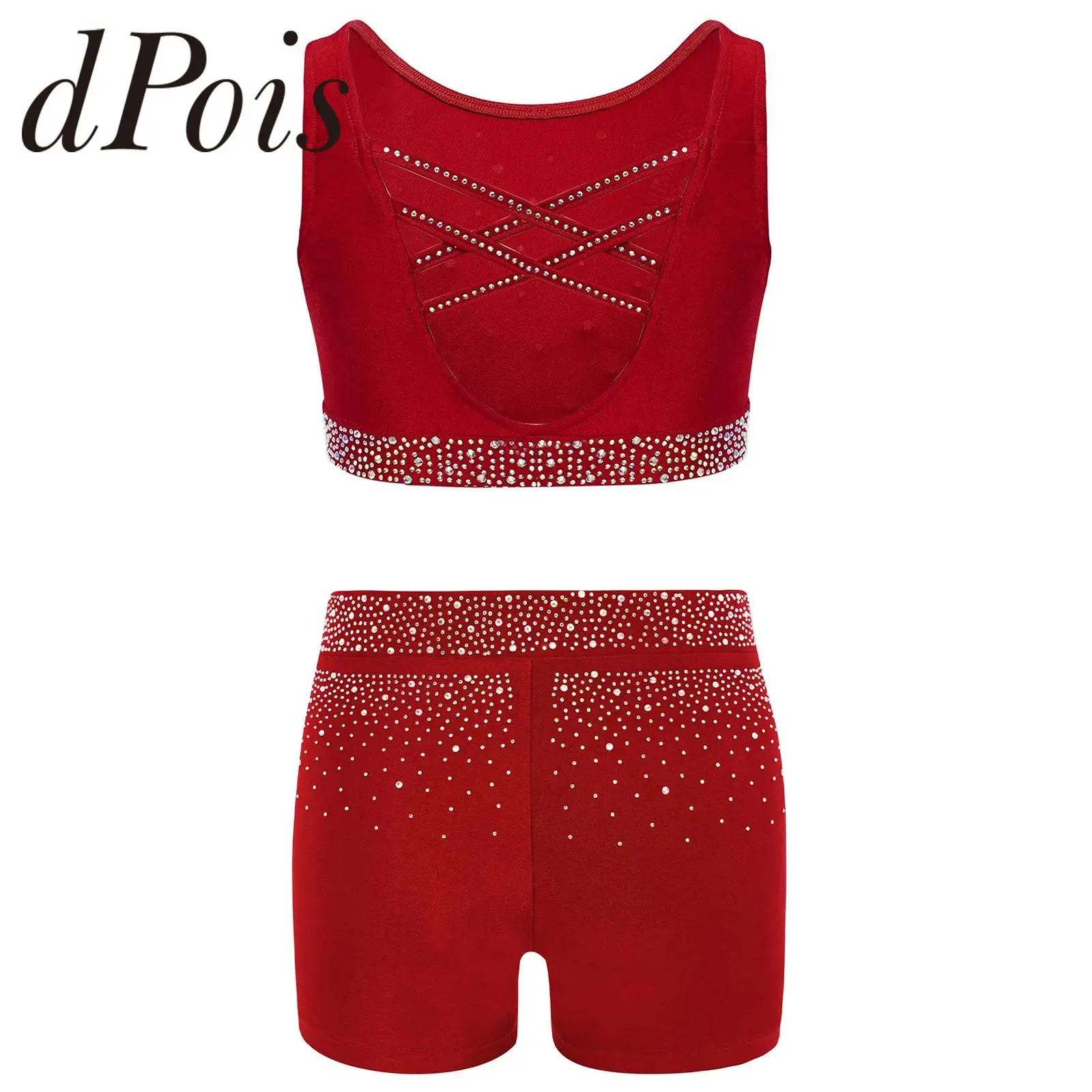 Kids Girls Ballet Dance Outfit Shiny Rhinestones Ice Skating Gymnastics Suits Exercise Costume Stage Performance Dancewear Sets