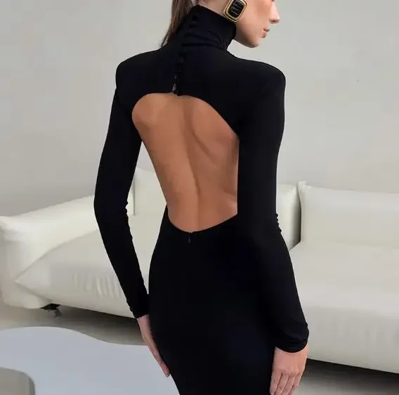 

Women's Sexy Dresses Temperament 2026 Spring Elegant Black Sexy Backless Knitted Long Sleeve High Neck Dress for Women