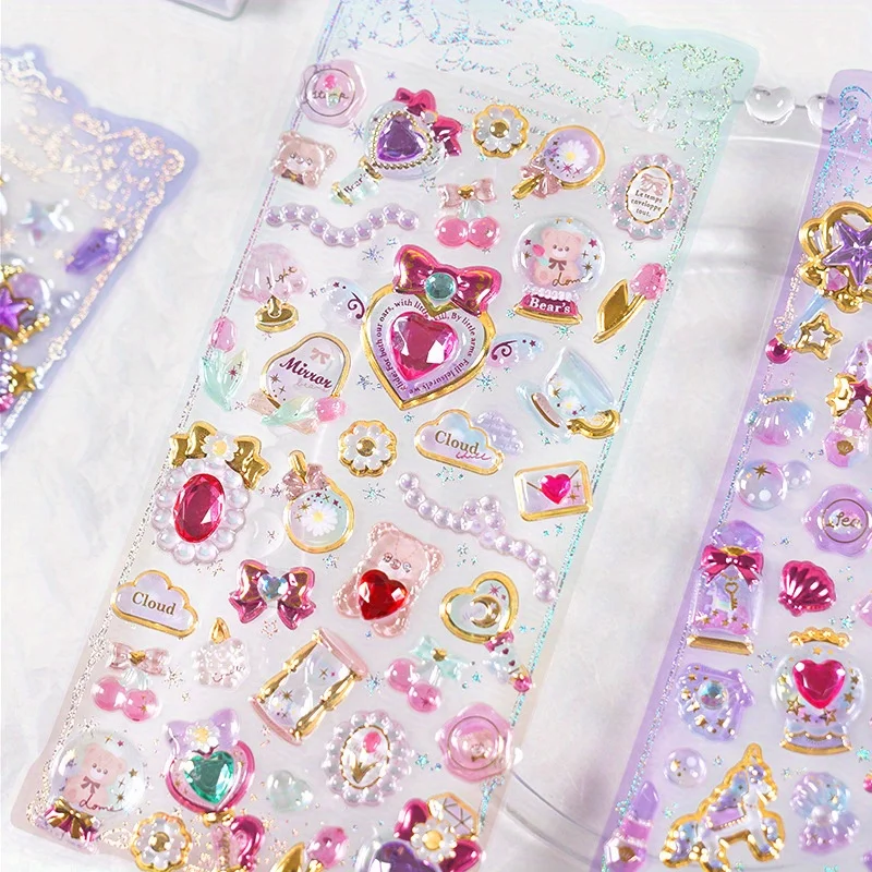 4 أنماط Kawaii حساسة ثلاثية الأبعاد جرلي الأحجار الكريمة التذهيب ملصقات سكرابوكينغ لتقوم بها بنفسك مجلة القرطاسية ملصق ديكو لوازم الفن