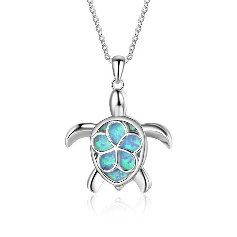 Vintage Blue Fire Opal Crystal Sea Turtle Pendant Necklace for Women Ocean Beach Jewelry Gift