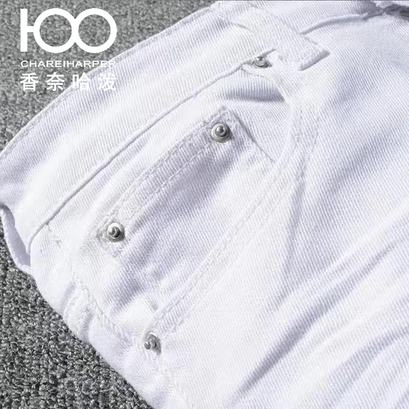 MEN`S JEANS 592 chareiharper 100 Motorcycle style white men's slim fit patch elastic jeans European and American trendy brand