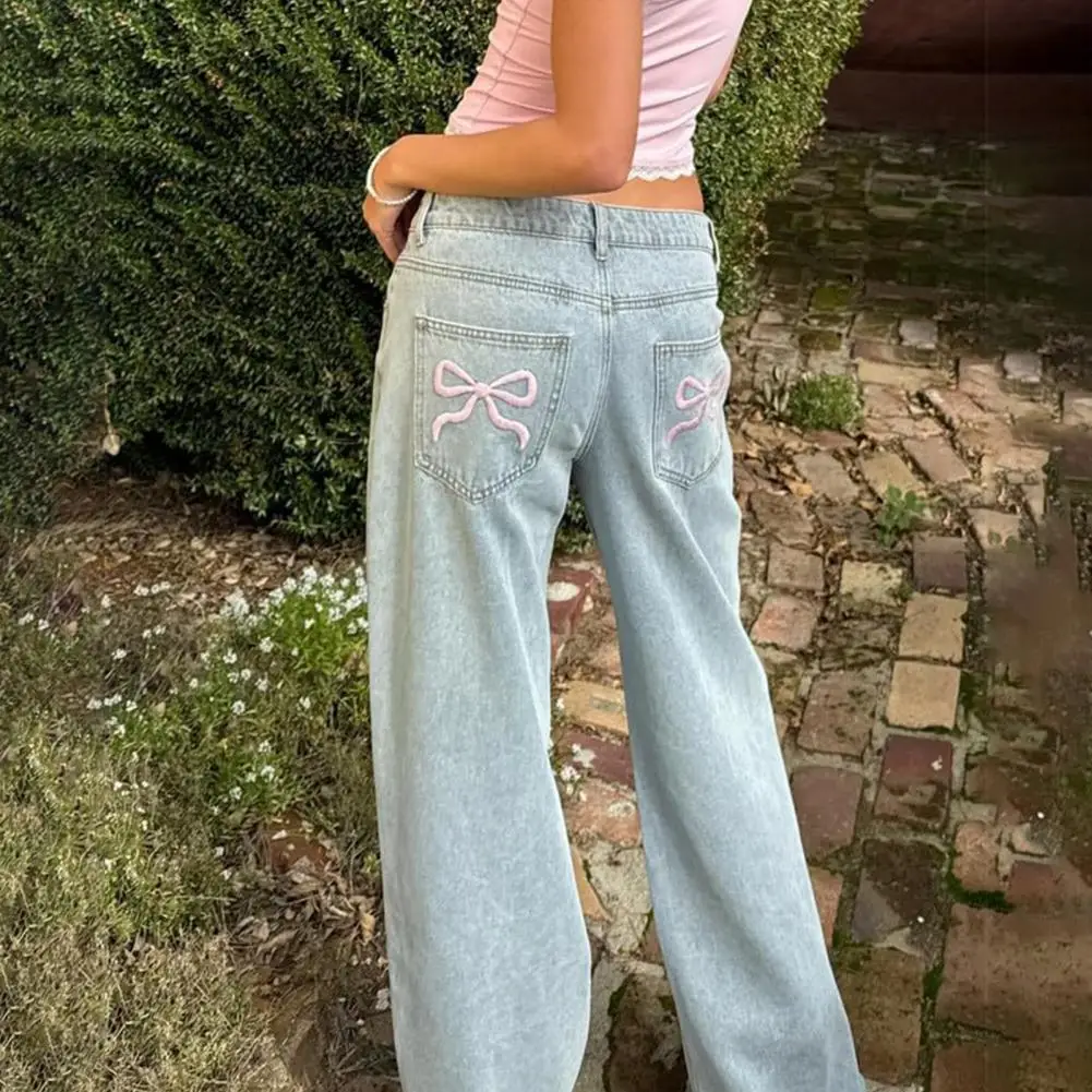 

American retro washed pocket bow embroidered jeans female summer new high-waisted loose straight trousers