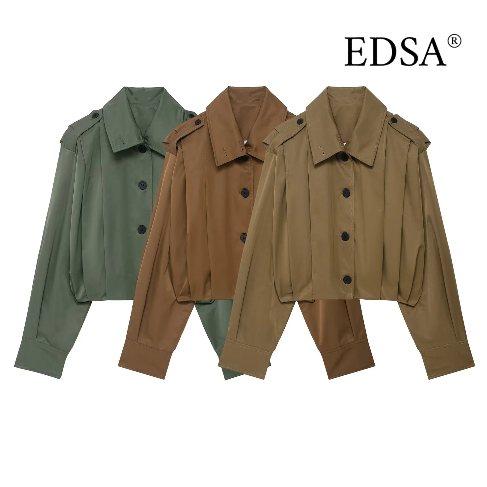EDSA Women Pleated Jacket with Shoulder Pads Long SLeeves Turn-down Collar Single Breasted Spring Autumn Female Coat Outerwear