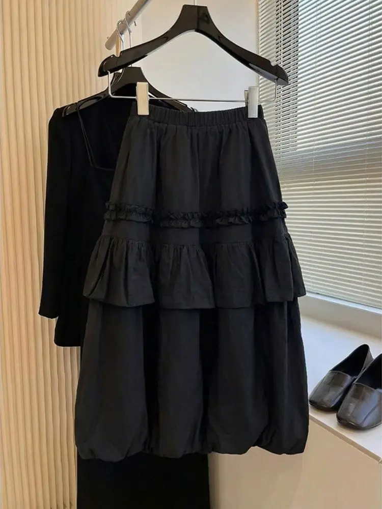 

plus Size 300 Pounds Beautiful Black Half Skirt Women's Elastic Waist Slimming Flower Bud Mid-Summer Skirt Korean Style Commute