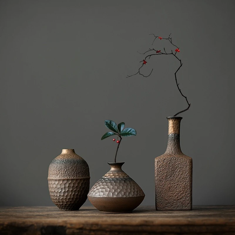 Wabi‑Sabi Rough Pottery Vase Set of 3 Japanese Zen Ceramic Flower Container for Dried Flowers Home Desktop Decor Ornament