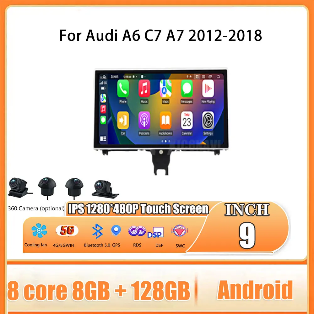 9 Inch Android OS Touch Screen IPS For Audi A6 C7 A7 2012-2018 Auto Carplay Monitors Stereo Speacker Radio Multimedia Player 