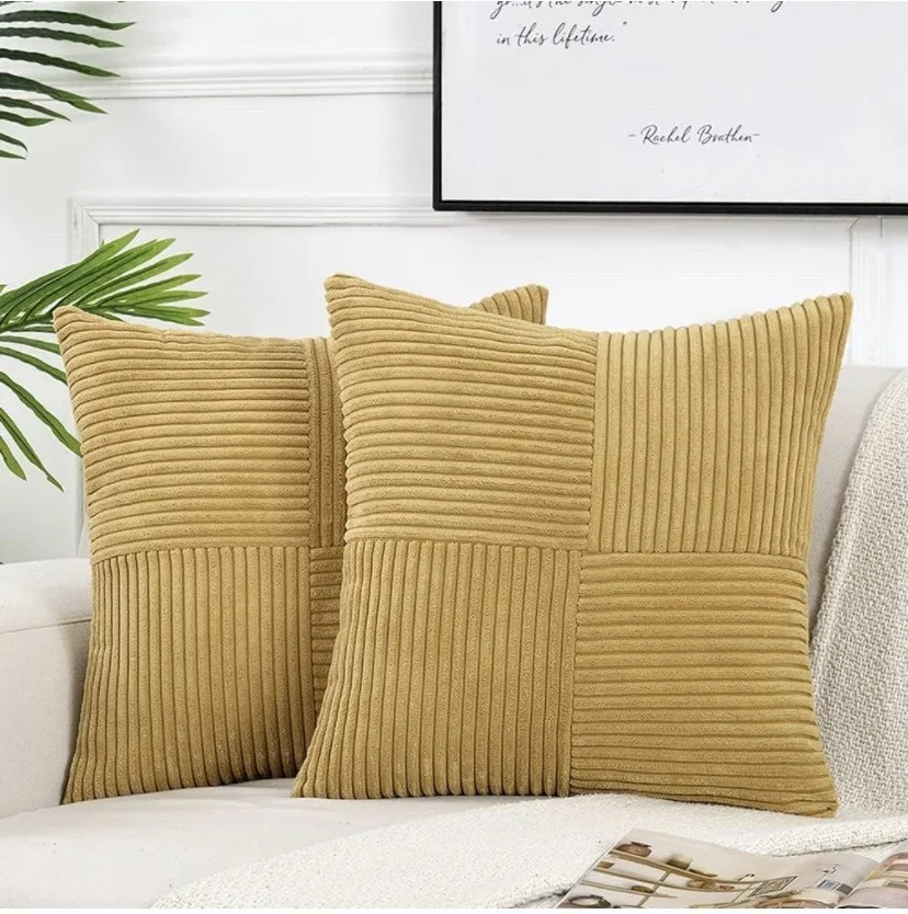 

Ginger Yellow Throw Pillow Cover 18x18 In for Couch Bed Sofa, Boho Aesthetic Home Decor, Corduroy Striped Patchwork Cushion Case