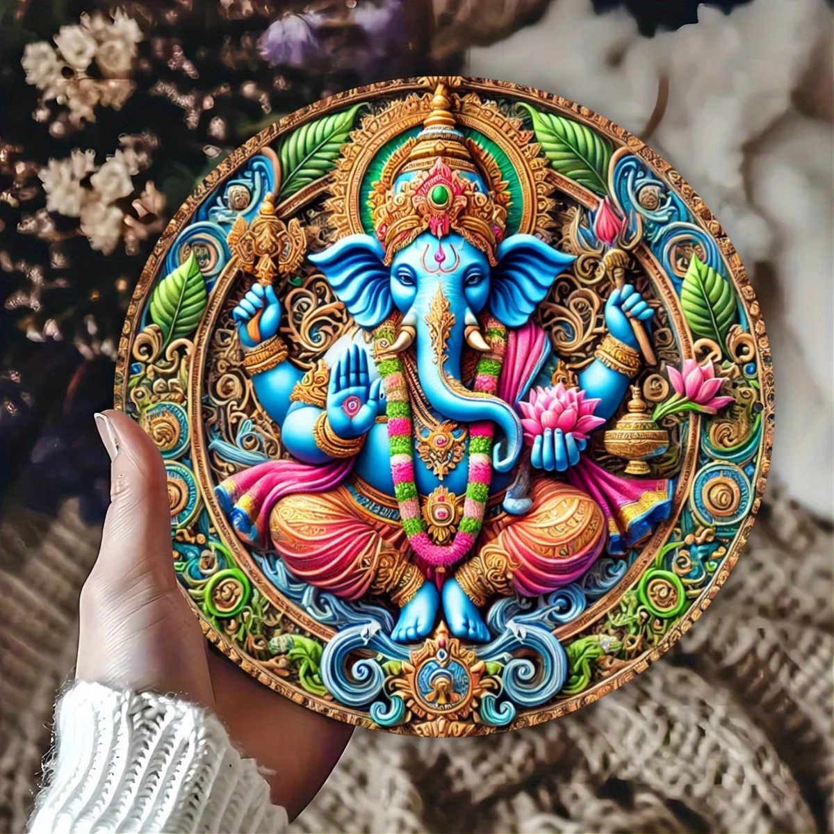 Ganesha Wall Decor Plaque - Iron Foil Engraved Bohemian Art for Home, Kitchen, Farmhouse - Hindu Elephant God Ganesh Emblem Sign