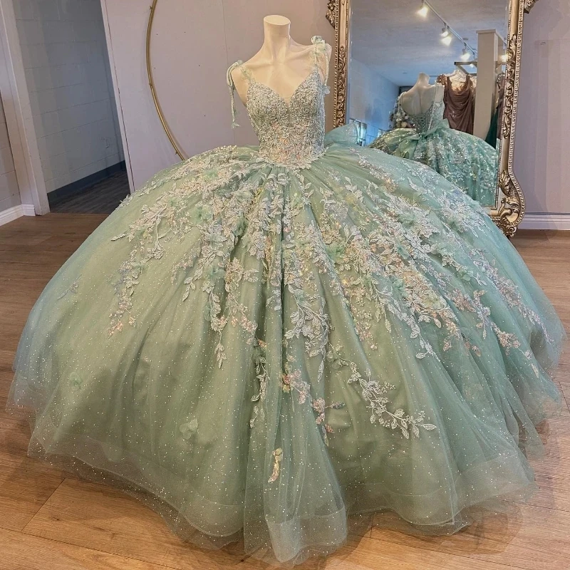 

Luxury Green Sweetheart Quinceanera Evening Dress 2024 Applique Lace Tull Ball Gown Sweep Train Bow Prom Dress vestidos de 15