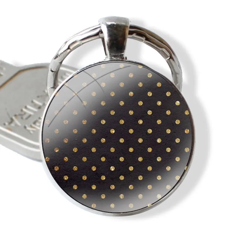 Red Black Gold Polka Dots Keychain Handmade Glass Cabochon Key Ring Holder Pendant Key Chains