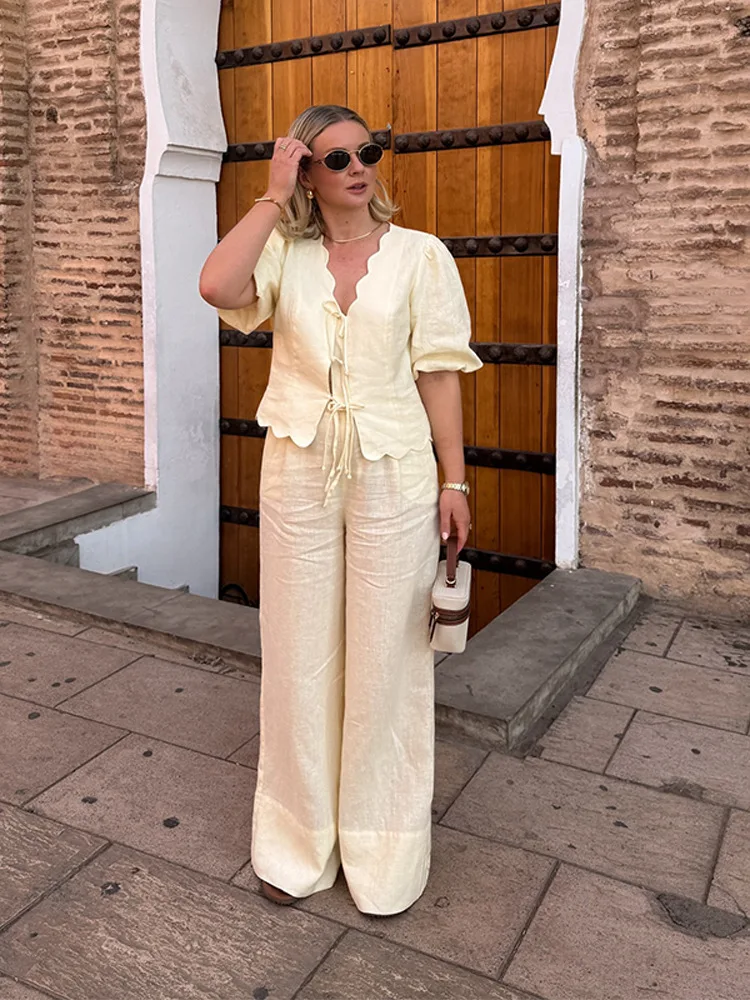 

Drawstring Solid Wide Leg Pants Sets Women V-neck Puff Sleeve Lace-up Cardigan Blouse Summer Simple Fashion Casual 2 Piece Set