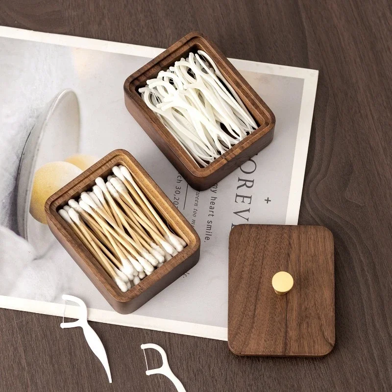 Luxury Natural Walnut Toothpick Holder, Double Layer Cotton Swab Organizer with Vintage, 2-in-1 Bathroom Countertop Storage Box