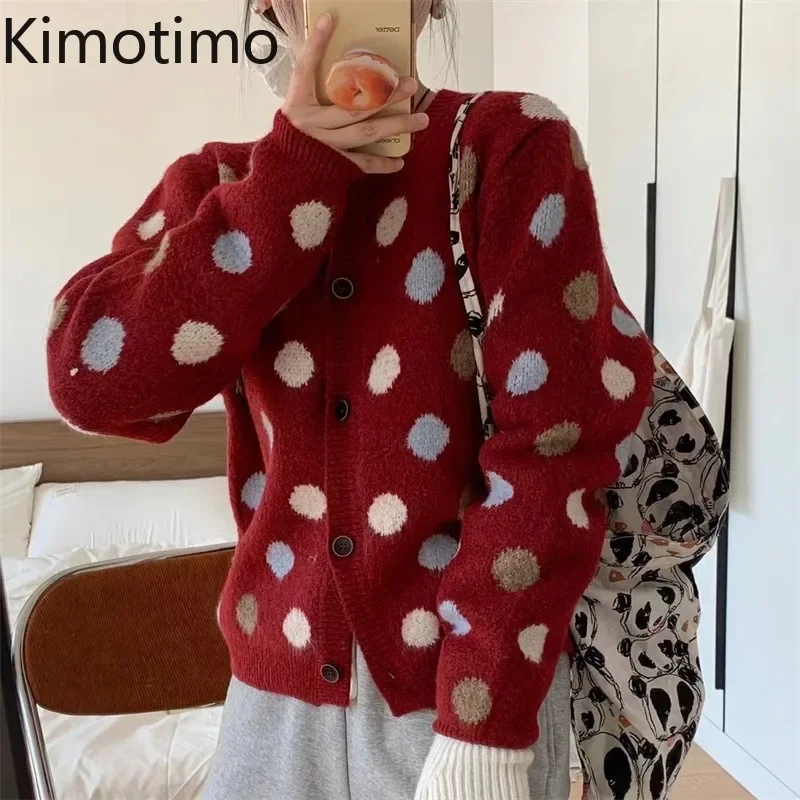 Kimotimo Polka Dot Knitted Cardigan Women Autumn Winter Vintage Single Breasted Sweater Coat Sweet Casual Long Sleeve Crop Tops