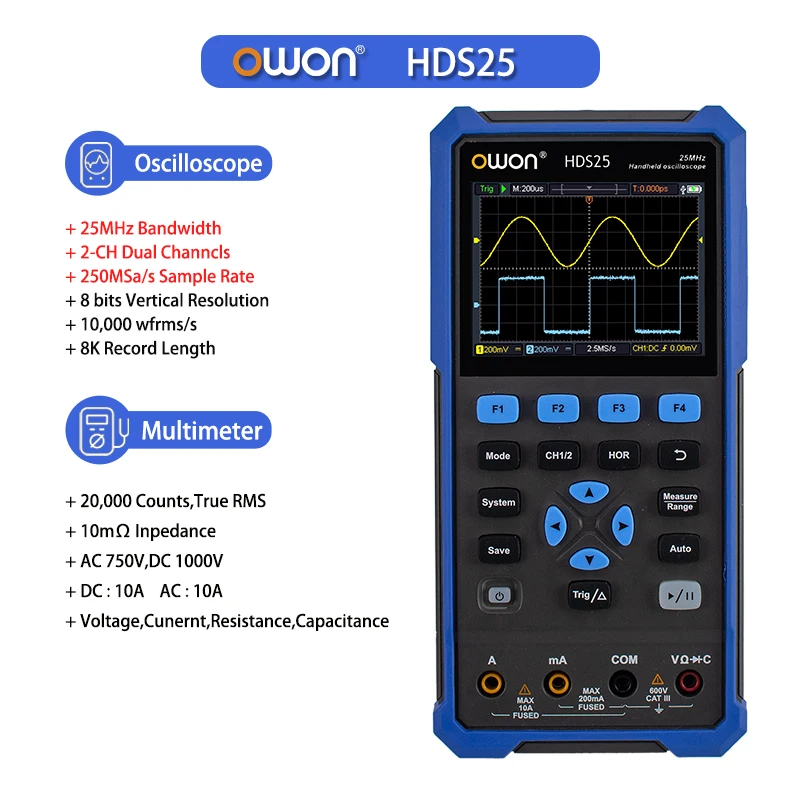 OWON HDS200-serie draagbare digitale oscilloscoop, draagbare 2CH-multimeter, hoge precisie elektronische reparatielaboratoriumtest