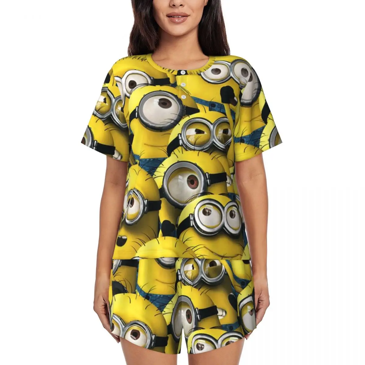 Custom Animated Comedy Movies Minions Pajama Sets for Women 2 Piece Short Sleeve Pjs Shorts Sleepwear