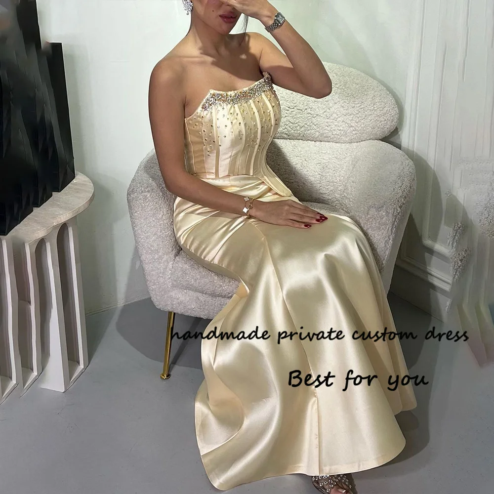 

Yellow Satin Mermaid Evening Party Dresses Beaded Strapless Arabian Dubai Prom Dress Floor Length Formal Occasion Gowns