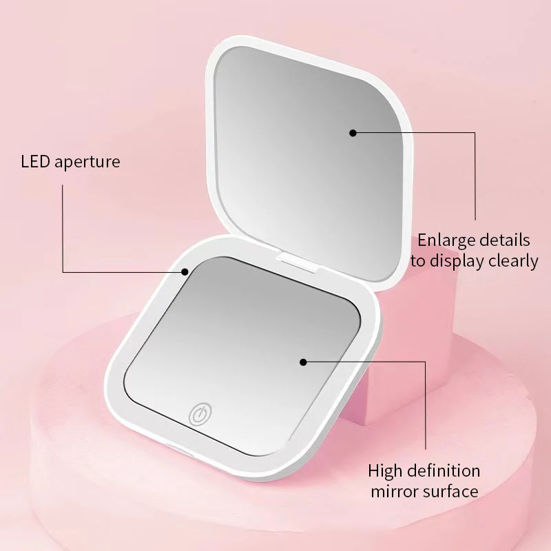 Compact Small Mini Gift Vanity Table Folding Led Lights Portable Hand Held Pocket Makeup Mirror 2X magnifying