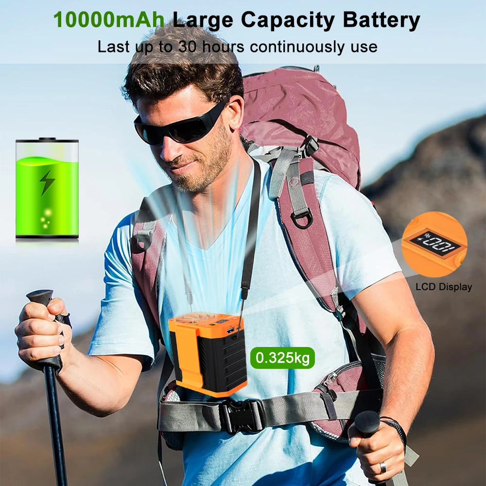 Kipas pinggang portabel 10000Mah, kipas gantung leher/pinggang untuk luar ruangan, pendingin udara angin kuat, kipas klip dapat dipakai untuk pinggang dengan lampu