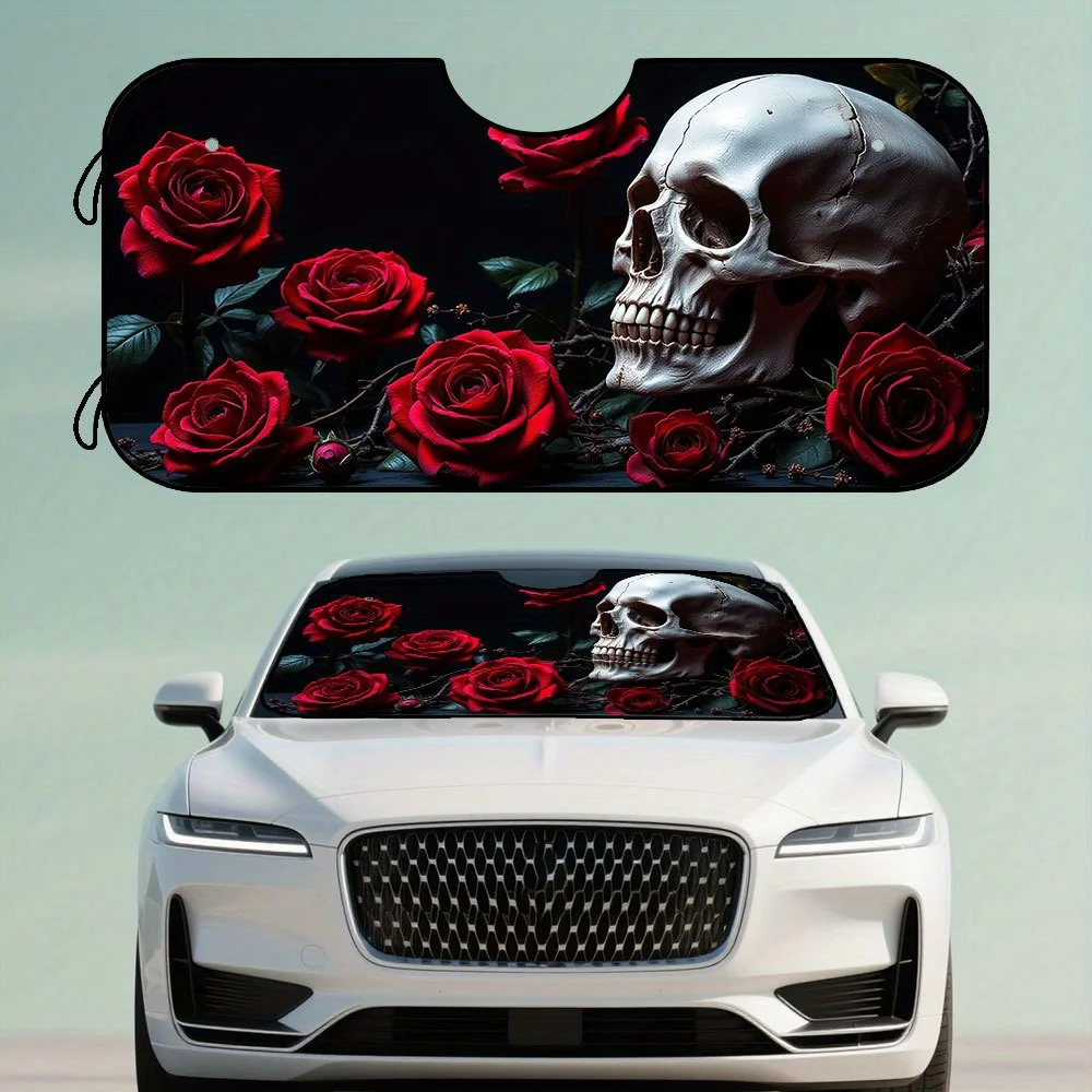 

1pc Halloween Car Windshield Shade - Gothic Skull & Red Roses - Fit For Most Vehicles - Foldable Sunshade For Halloween Decor, D