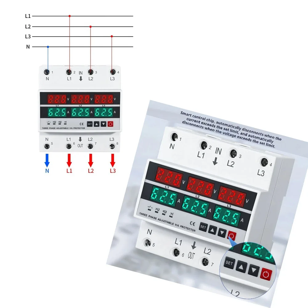 63A/100A Din Rail Voltmeter Ammeter Relays Protector 3 Phase Adjustable Over and Under Voltage Protector Overcurrent Protection