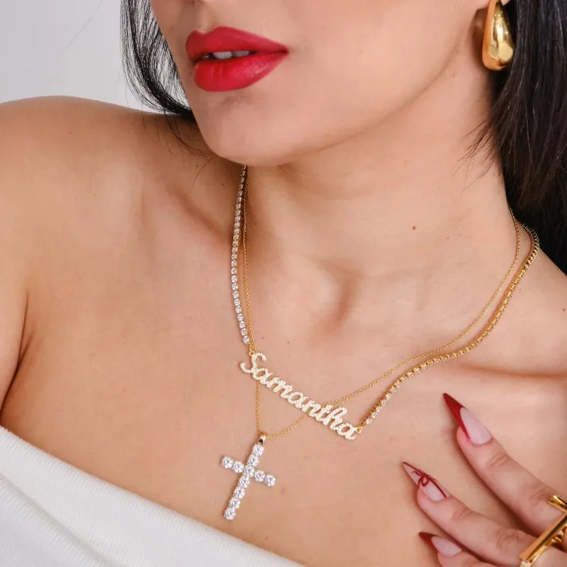 Iced Signature Script Name Necklace Stainless Steel Custom Name Pendant Gold Tennis Chain Women's Jewelry Birthday Gift