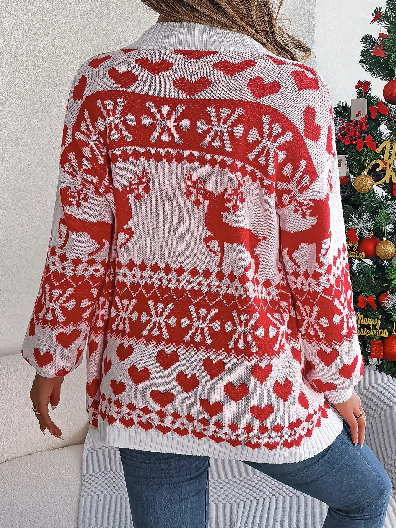 Women Ugly Christmas Cardigan Sweater 3D Christmas Reindeer Snowflakes Hearts Print Long Sleeve Open Front Knit Cardigan