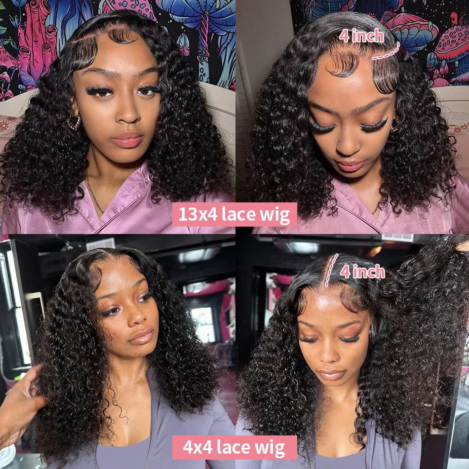 Perucas de Cabelo Humano Cacheado Ondulado de 16 Polegadas, Perucas Frontais de Renda Transparente 13x4, Perucas Bob Curtas de Cabelo Humano Brasileiro com Ondas Profundas, Perucas de Cabelo Humano com Fechamento de Renda 4x4 para Mulheres