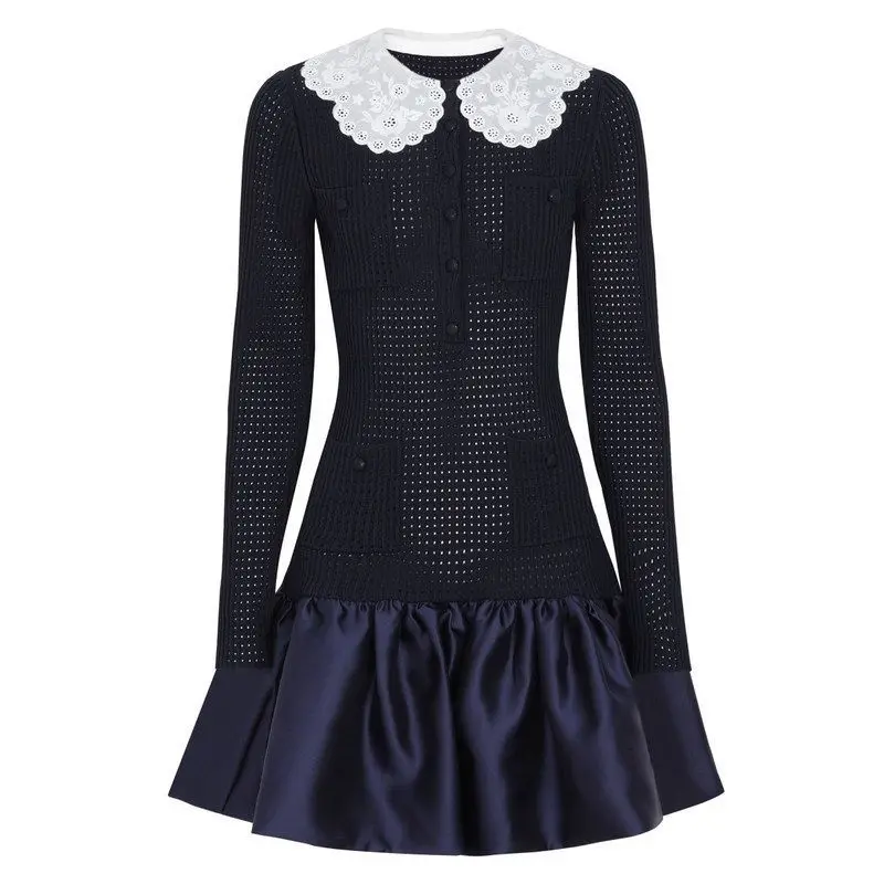 

Elegant High Quality Knitted Slim Fit Silk Satin Dress Women's Fashion Spring Autumn New Style Turn-down Collar Body Shaping