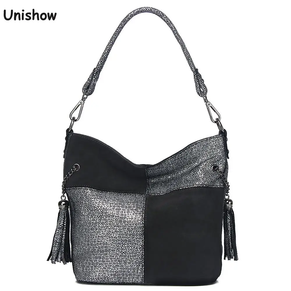 

Patchwork Fringe Bag Split Leather Women Shoulder Bag Luxury Bucket Lady Handbags Brand Designer Crossbody Bag Small Totes Purse