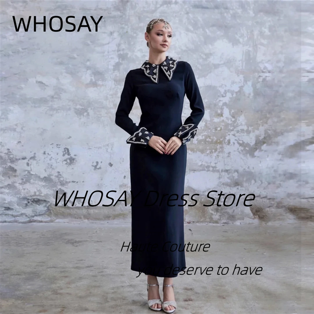 

WHOSAY Customized Doll Collar Evening Dresses Beaded Long Sleeves Prom Dress Ankle Length Sheath Birthday Party Special Gowns