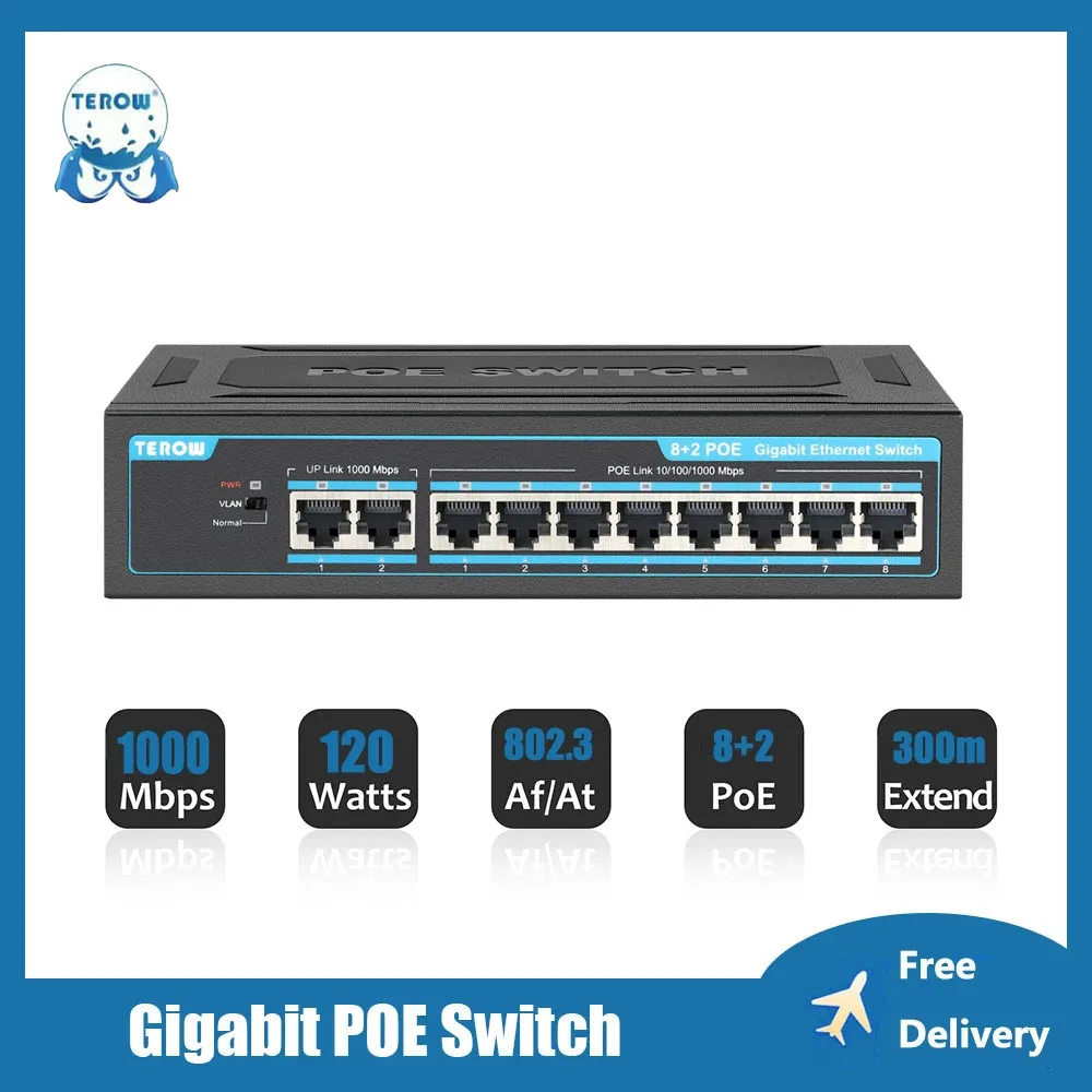 TEROW 10 Ports POE Switch 1000Mbps 8 PoE +2 Uplinks 120W Gigabit Ethernet Switch For IP Camera/Wireless AP/CCTV Cameras System