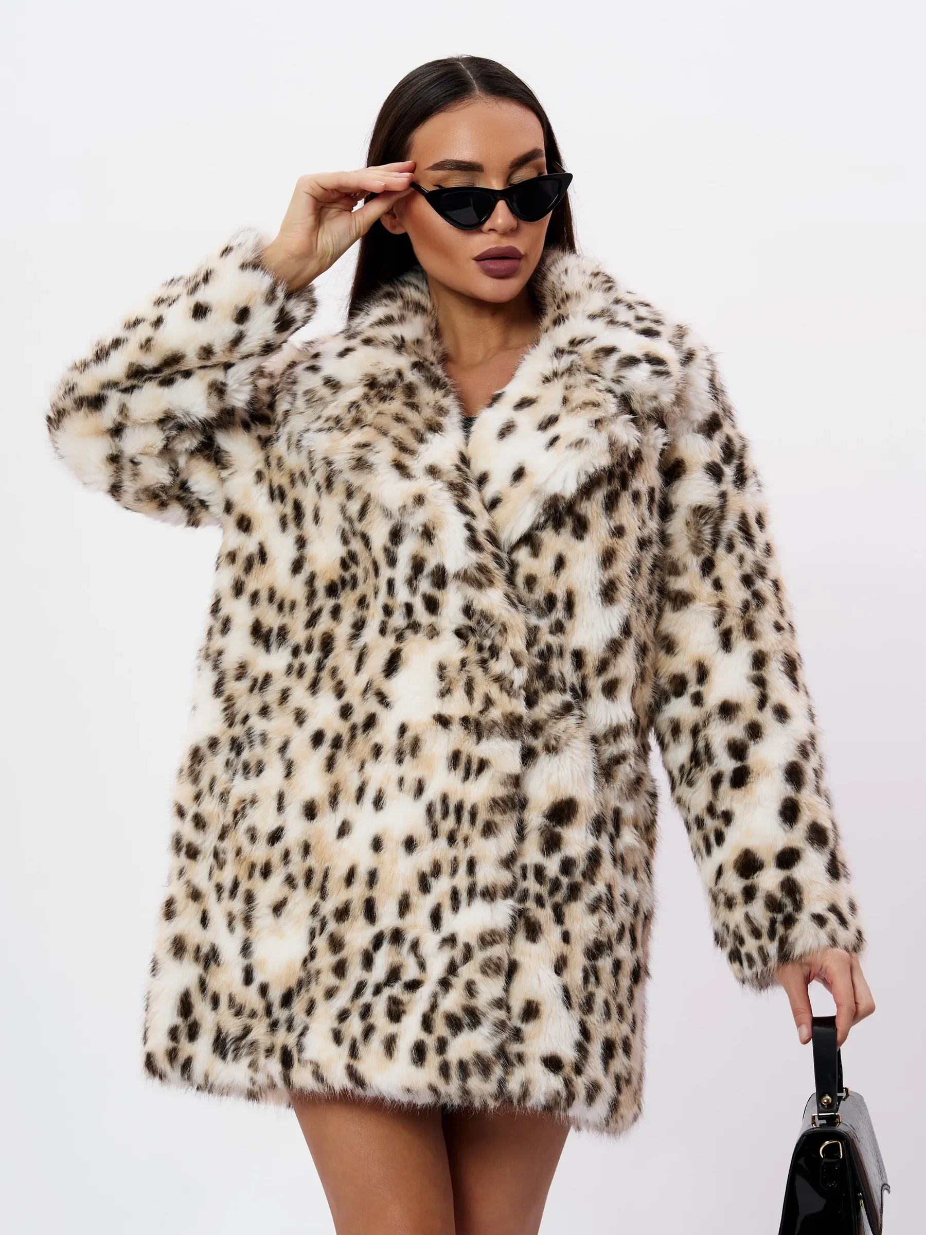 LIMO Ladies Leopard Faux Fur Jacket Big Collar Open Front Casual Loose Fit Fashion Plush Outer Coat