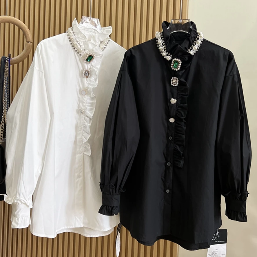 Luxury Sparking Rhinestone Beading White Black Shirts and Blouses for Women Autumn Spring New Long Sleeve Mid-Length Top Female