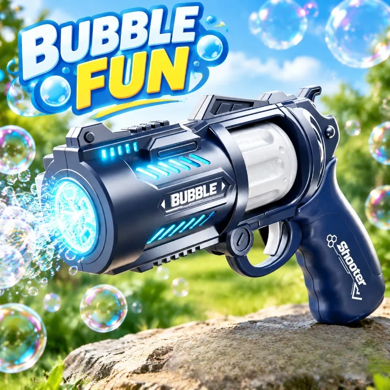 Electric Revolver Bubble Blaster, Light Up Stress Relief Toy Pistol, Play Gadget for Boys Girls Backyard Summer Outdoor Party