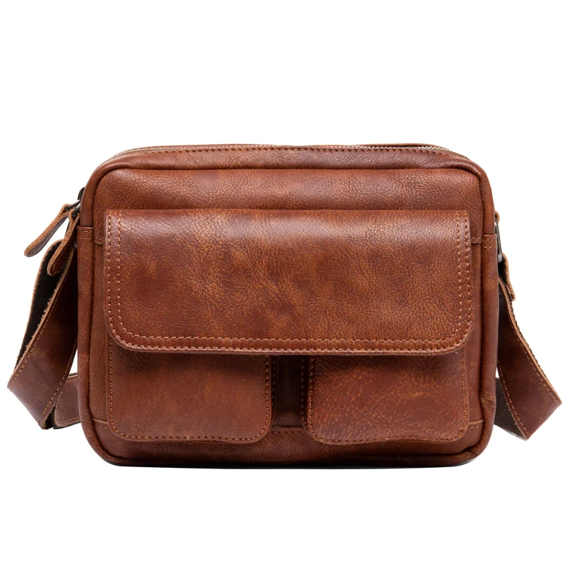 Retro leather messenger bag horizontal men\'s baotou leather shoulder bag commuter casual small bag art messenger bag