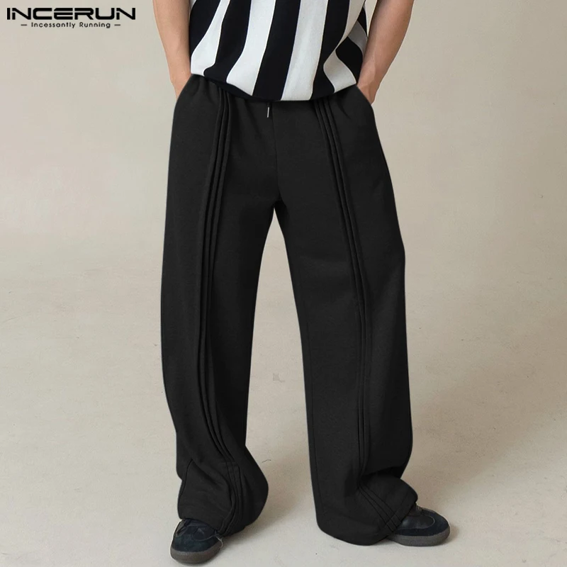 2024 INCERUN Men's Causal Loose Long Pants Solid Insert Pocket Mopping Trousers Korean Style Fashion Male Streetwear Oversize