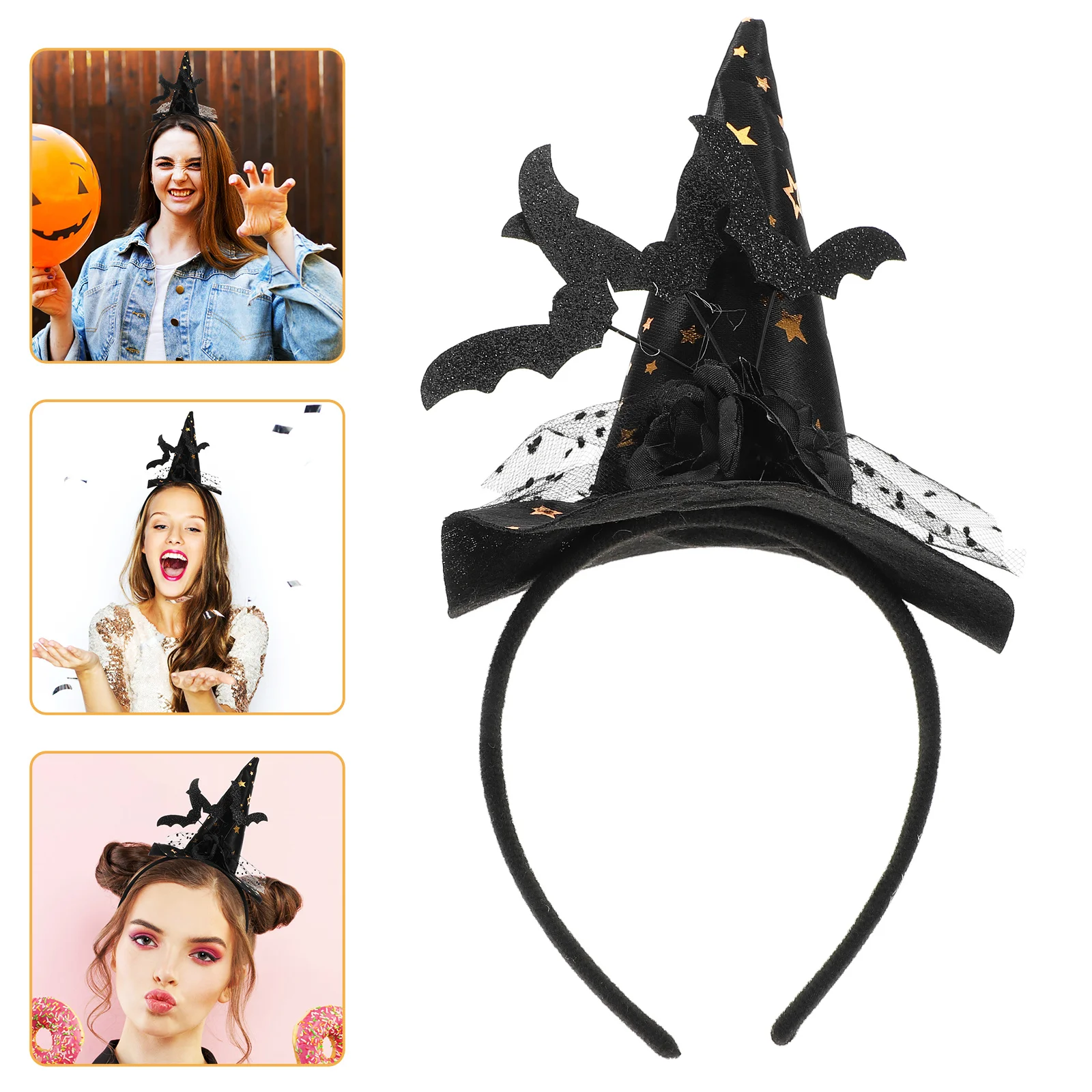 1 pz cappello da strega fascia decorazione in pizzo nero accessorio per feste di Halloween costume in maschera glitter per donne ragazze evento in maschera