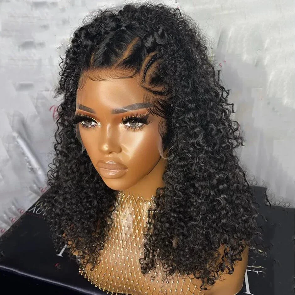 Long Black Kinky Curly Lace Front Peruca para Mulheres Negras, Cabelo Natural Do Bebê, Lace Frontal Perucas Diárias, 26 ", 180 Densidade