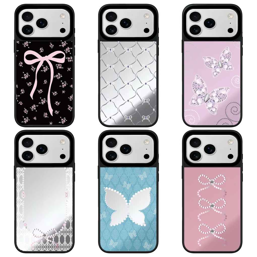 

Butterfly Bowknot Mirror Surface Black Border Magnetic Phone Case Cover for IPhone 12 13 14 15 16 17 Pro Max Case